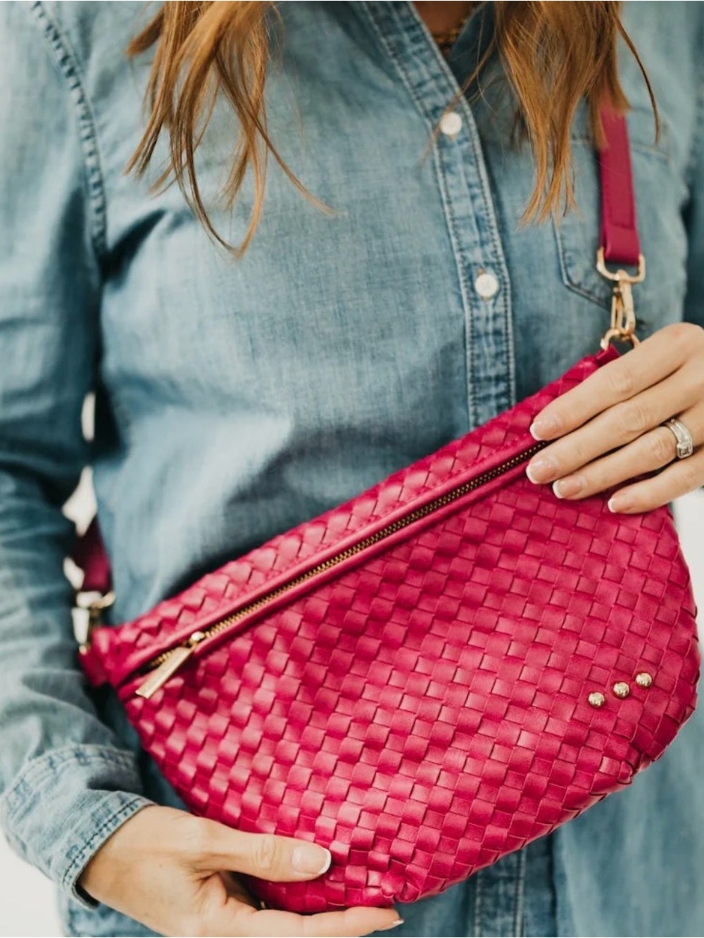 Pretty Simple Westlyn Woven Bum Bag Vegan Leather Fuchsia Adjust Stripe Strap